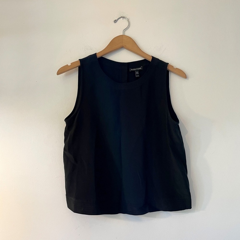 Eileen Fisher Black Sleeveless Button Back Shell Top XS Minimalist Quiet Luxury